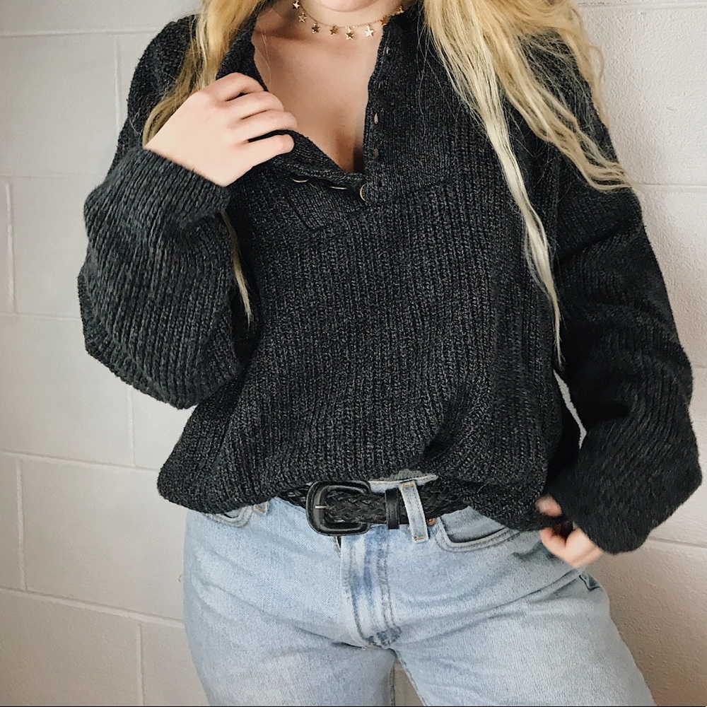 dark gray chunky knit henley sweater